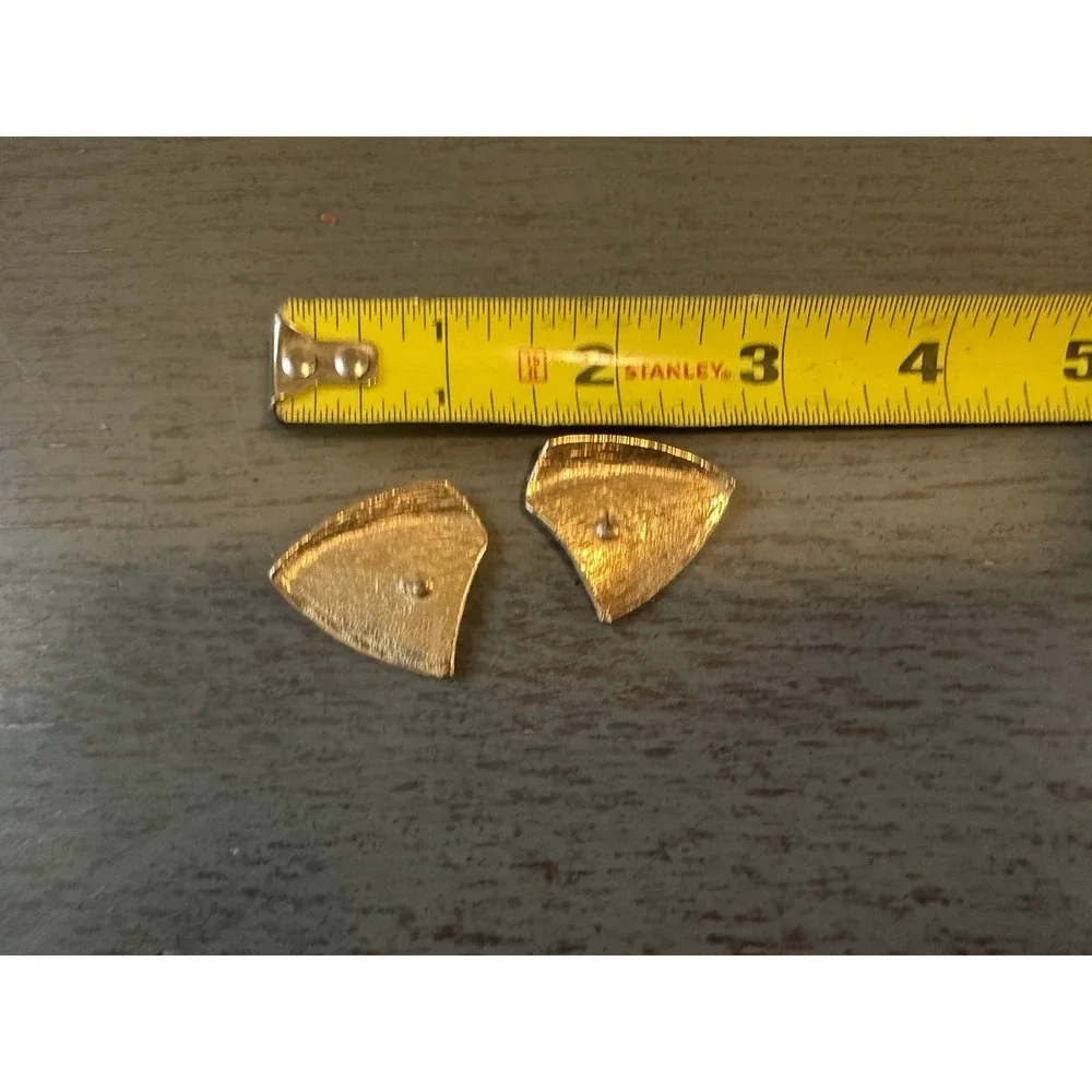 Vintage Gold Tone Peach Enamel Geometric Triangle Stud Earrings Mesh Detail